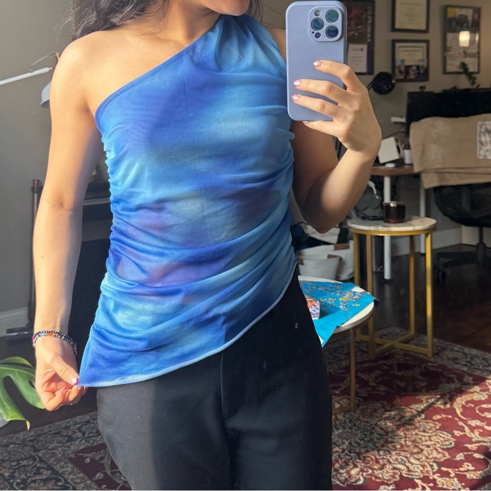 Divided Vibrant Blue One-Shoulder Blouse